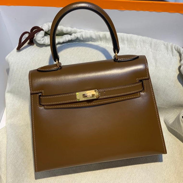 KELLY MINI 20 BAG IN CHOCOLATE BROWN SMOOTH CALFSKIN WITH GOLD HARDWARE (MADE - TO - ODER)