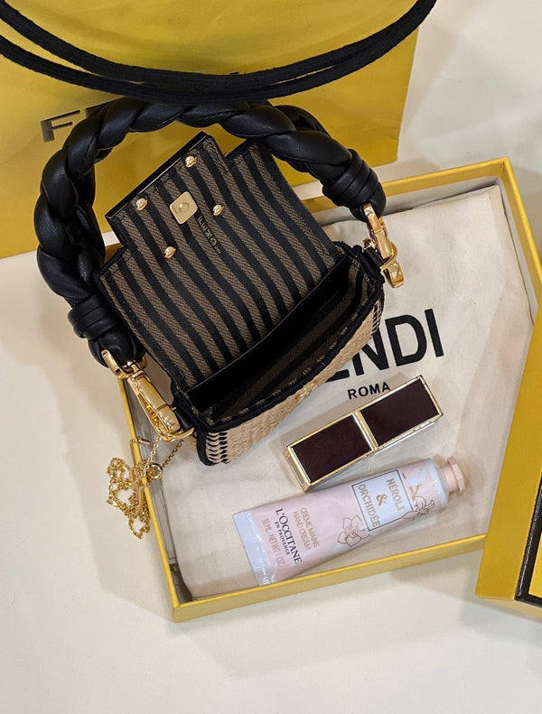 FENDI NANO BAGUETTE 11 BAG IN BEIGE MIX BLACK RAFFIA WITH STRAP GOLD HARDWARE