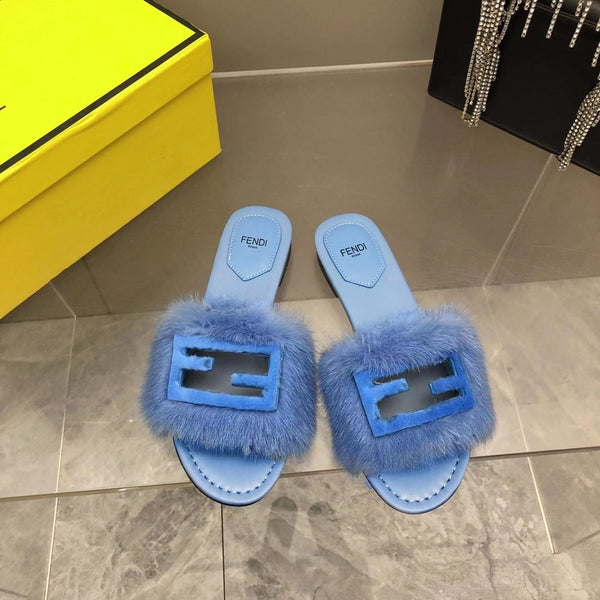 FENDI BAGUETTE MINK SLIDE SLIPPER IN ELECTRIC BLUE FUR