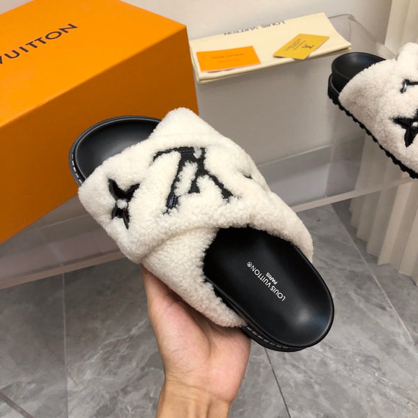 LV Paseo Flat Comfort Mule White Black Fleece