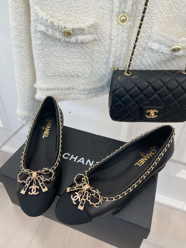 CC Ballet Flats 25mm Black Bow Tie Chain Lambskin