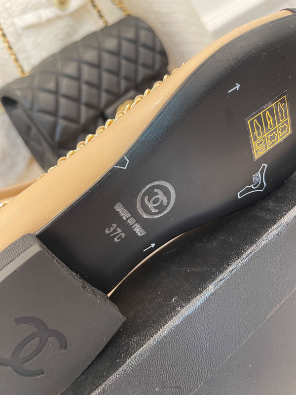 CC Ballet Flats 25mm Beige Bow Tie Chain Lambskin