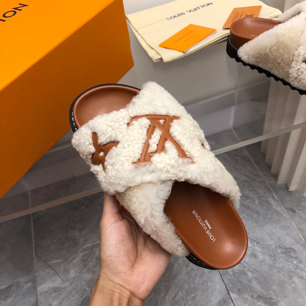 LV Paseo Flat Comfort Mule White Brown Fleece