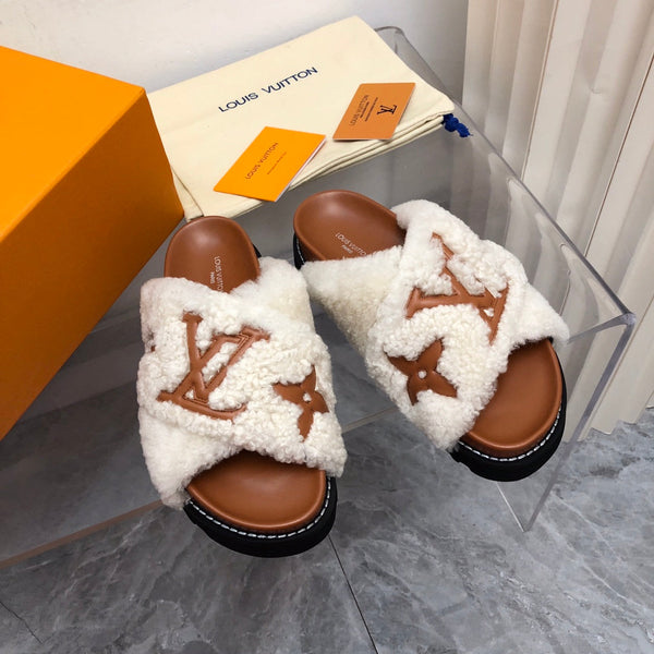 LV Paseo Flat Comfort Mule White Brown Fleece