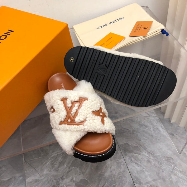LV Paseo Flat Comfort Mule White Brown Fleece