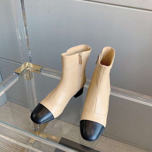 CC Ankle Boots Block Heel 60mm Beige Black Cowhide 464568