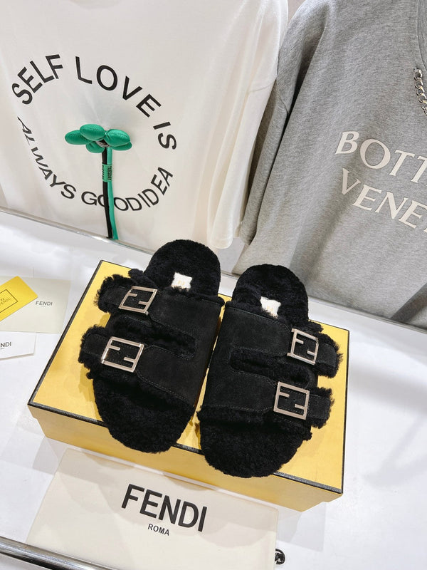 FENDI DAD SANDAL MULE IN BLACK SUEDE WITH FLEECE WITH GOLD HARDWARE