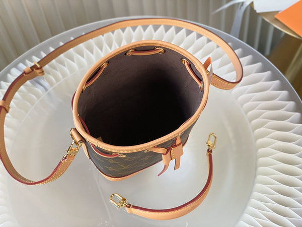 nano noe 13 brown monogram canvas beige calfskin gold hardware