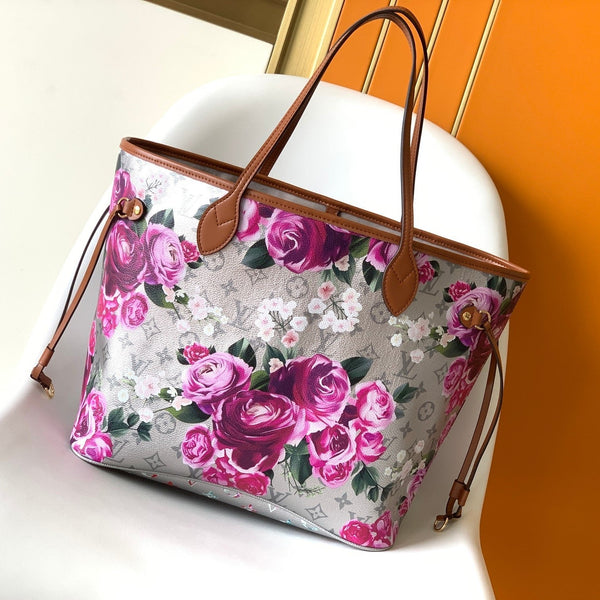 LV Neverfull MM Tote 31cm Sliver Pink Floral Pattern Leather GHW