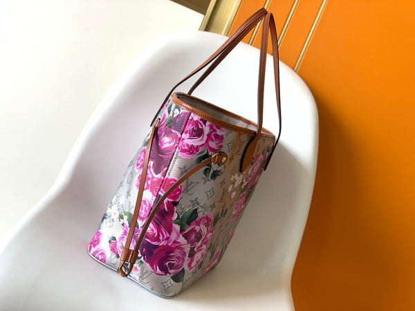 LV Neverfull MM Tote 31cm Sliver Pink Floral Pattern Leather GHW
