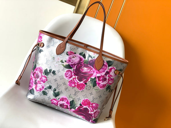 LV Neverfull MM Tote 31cm Sliver Pink Floral Pattern Leather GHW