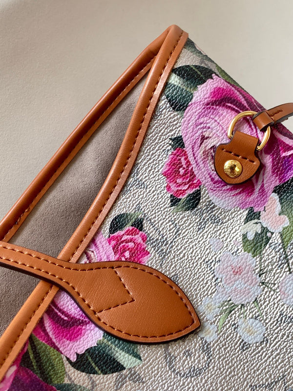 LV Neverfull MM Tote 31cm Sliver Pink Floral Pattern Leather GHW