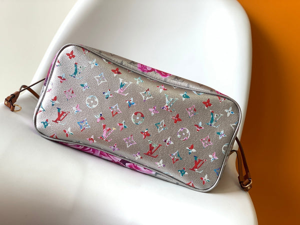 LV Neverfull MM Tote 31cm Sliver Pink Floral Pattern Leather GHW