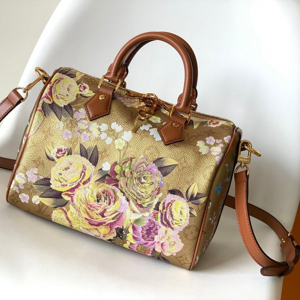 LV Speedy Bandoulière 25 Gold Floral Pattern Leather GHW