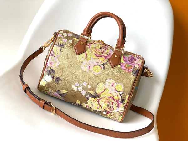 LV Speedy Bandoulière 25 Gold Floral Pattern Leather GHW