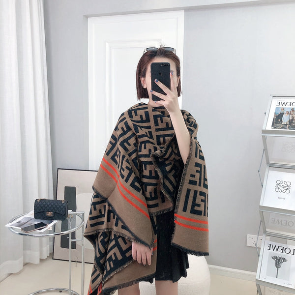 FF 140 CM PONCHO CHOCOLATE BROWN MIX BLACK WOOL AND SILK