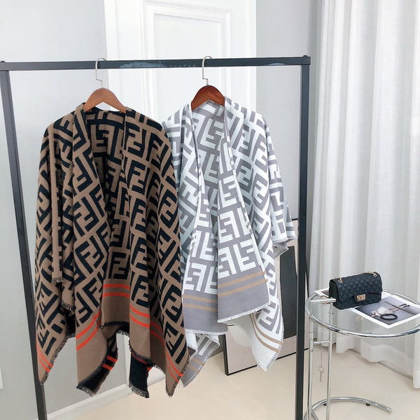 FF 140 CM PONCHO CHOCOLATE BROWN MIX BLACK WOOL AND SILK