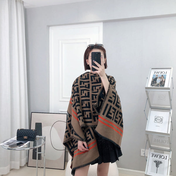FF 140 CM PONCHO CHOCOLATE BROWN MIX BLACK WOOL AND SILK
