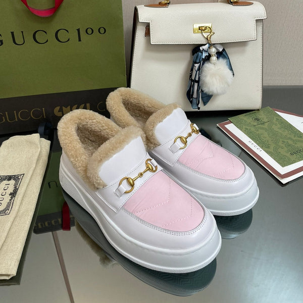MOCASSINO GG IN PELLE DI VITELLO BIANCO MIX ROSA CHIARO CON FODERA IN LANA BEIGE