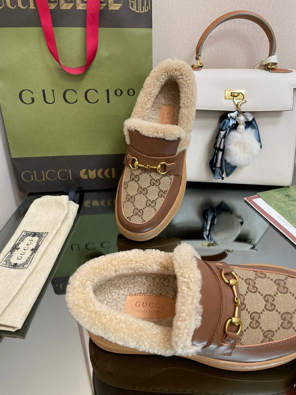 GG LOAFER IN PEANUT BROWN JACQUARD AND CHOCOLATE BROWN CALFSKIN WITH BEIGE WOOL LINING