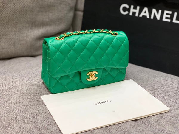 borsa con patta mini 20 cm verde scuro caviale hardware oro