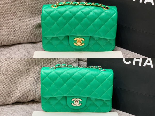 borsa con patta mini 20 cm verde scuro caviale hardware oro