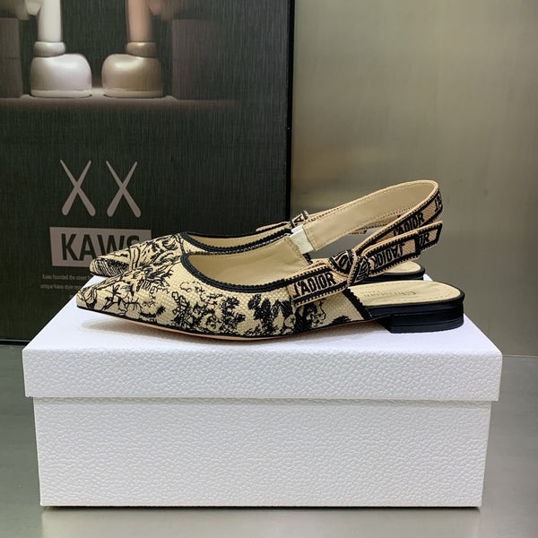 JAdior Slingback Flat Black Embroidered Cotton with Gold-Tone Metallic Thread