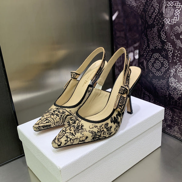 Décolleté JAdior Slingback 95 in cotone ricamato nero con filo metallico color oro