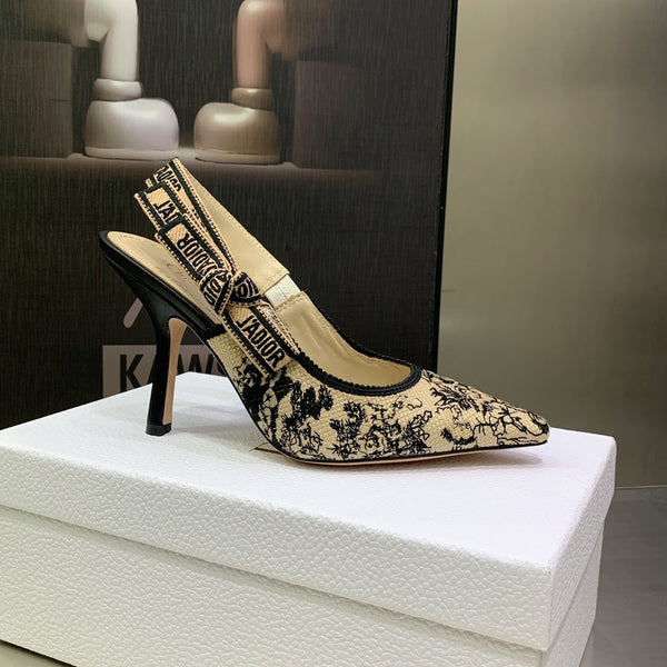 Décolleté JAdior Slingback 95 in cotone ricamato nero con filo metallico color oro