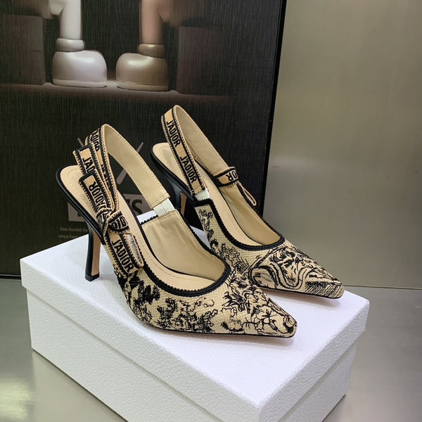 Décolleté JAdior Slingback 95 in cotone ricamato nero con filo metallico color oro