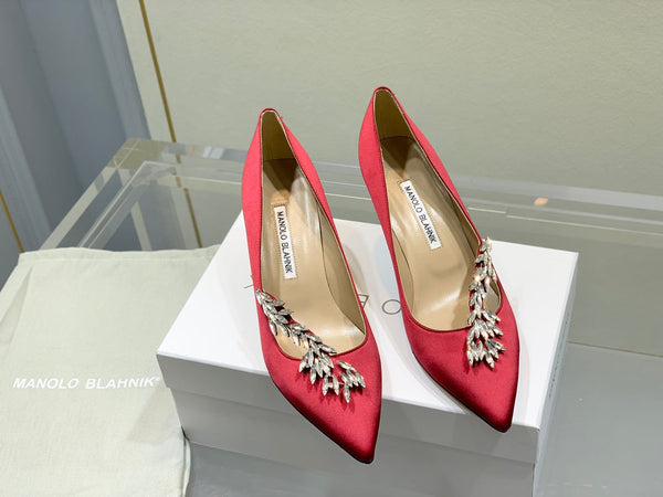 Manolo Wheat Ear Rhinestone Pumps Dark Red Silk Fabric 306595