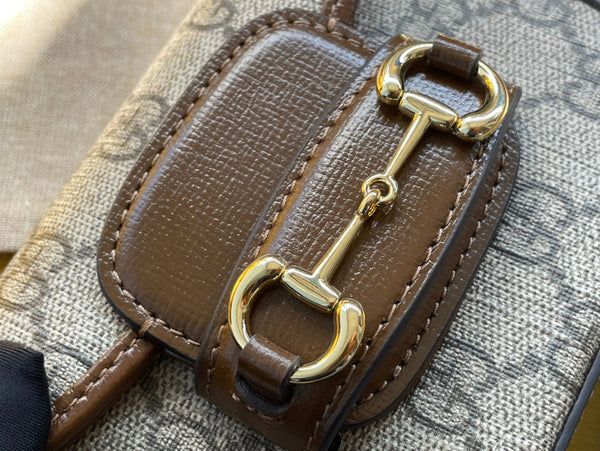 BORSA GG 12 HORSEBIT 1955 SUPER MINI IN TELA BEIGE E PELLE DI VITELLO EBANO