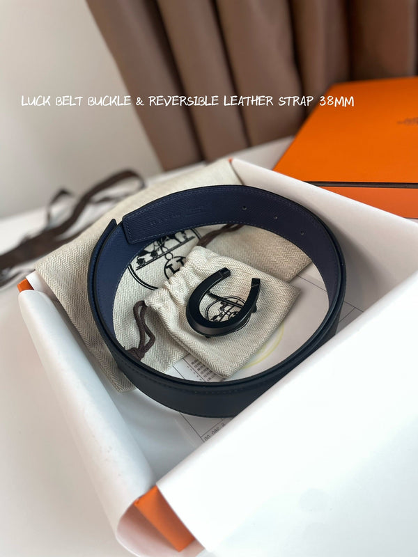 LUCK BELT BUCKLE & REVERSIBLE AEGEAN BLUE AND BLACK LEATHER STRAP 38MM BLACK HARDWARE