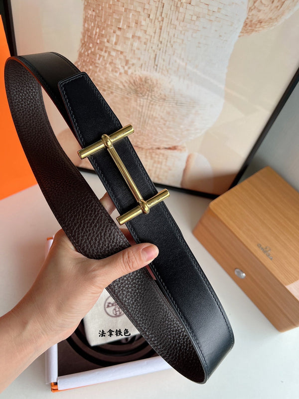 HM H D'ANCRE BELT BUCKLE & REVERSIBLE CHOCOLATE BROWN LEATHER STRAP 38 MM GOLD HARDWARE