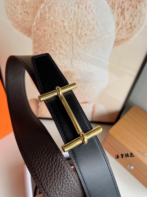 HM H D'ANCRE BELT BUCKLE & REVERSIBLE CHOCOLATE BROWN LEATHER STRAP 38 MM GOLD HARDWARE