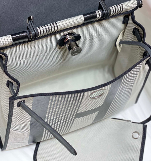 Herbag 31 Toile White Black Canvas Black Cowhide Leather