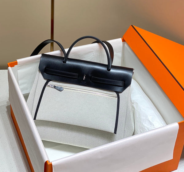 HM Pegase Pop Herbag Zip 31 White Blue Canvas Black Cowhide Leather