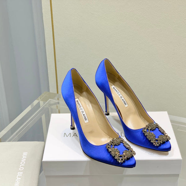 Manolo Diamond Buckle Pumps 10cm Navy Blue Silk 574252