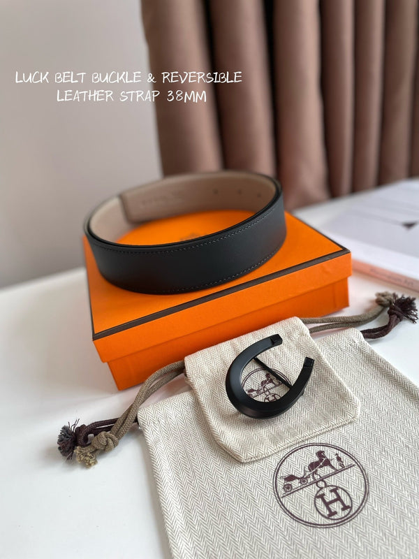 LUCK BELT BUCKLE & REVERSIBLE KHAKI BROWN LEATHER STRAP 38MM BLACK HARDWARE