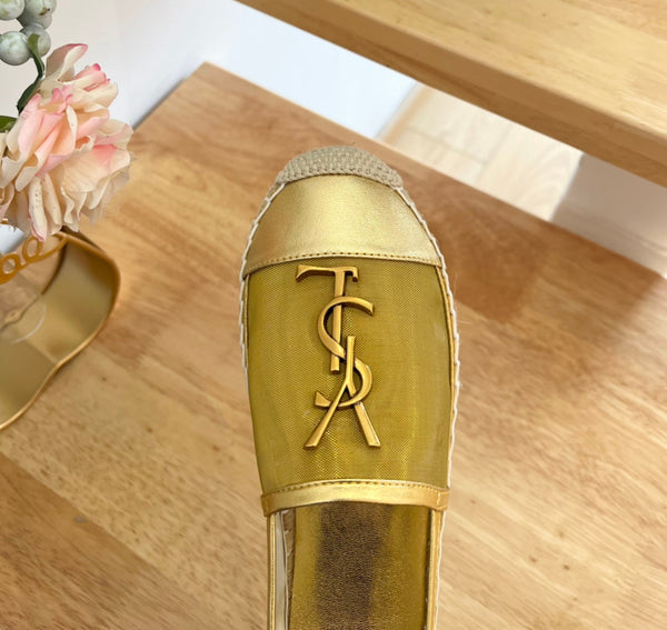 SL YVES LOGO SLIP ON METALLIC GOLD CALFSKIN AND MESH