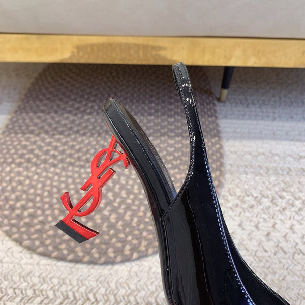 OPYUM RED HEEL SLINGBACK PUMPS IN BLACK GLOSSY CALFSKIN