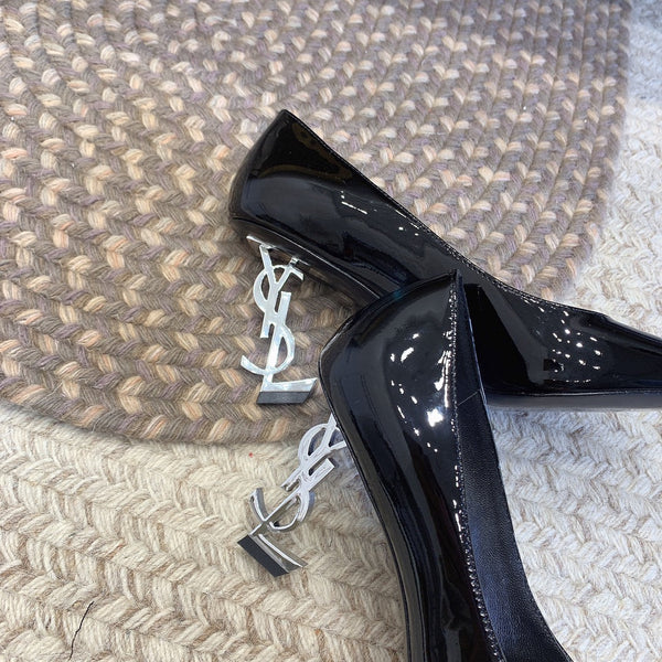 OPYUM SILVER HEEL PUMPS IN BLACK GLOSSY CALFSKIN