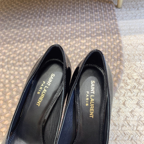 OPYUM SILVER HEEL PUMPS IN BLACK GLOSSY CALFSKIN