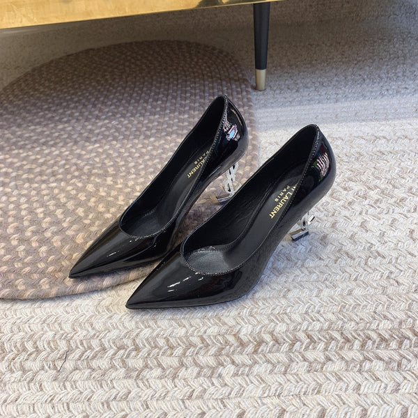 OPYUM SILVER HEEL PUMPS IN BLACK GLOSSY CALFSKIN