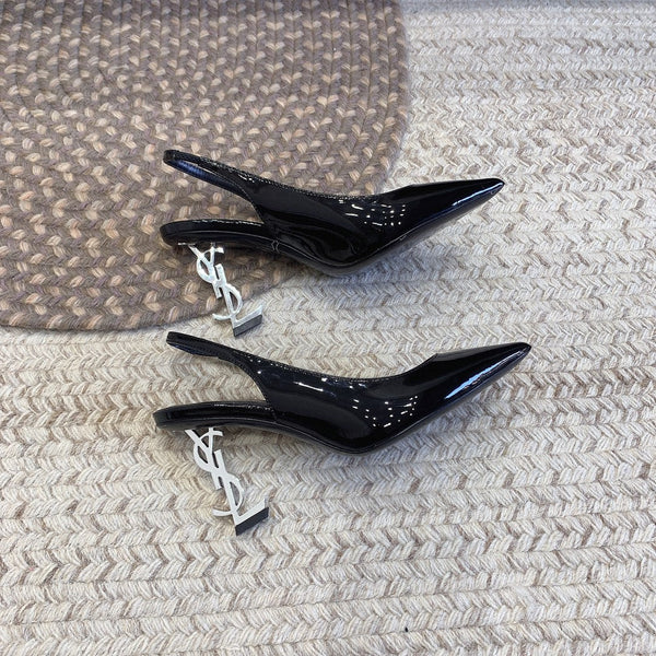 OPYUM SILVER HEEL SLINGBACK PUMPS IN BLACK GLOSSY CALFSKIN