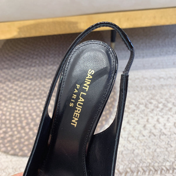 OPYUM SILVER HEEL SLINGBACK PUMPS IN BLACK GLOSSY CALFSKIN