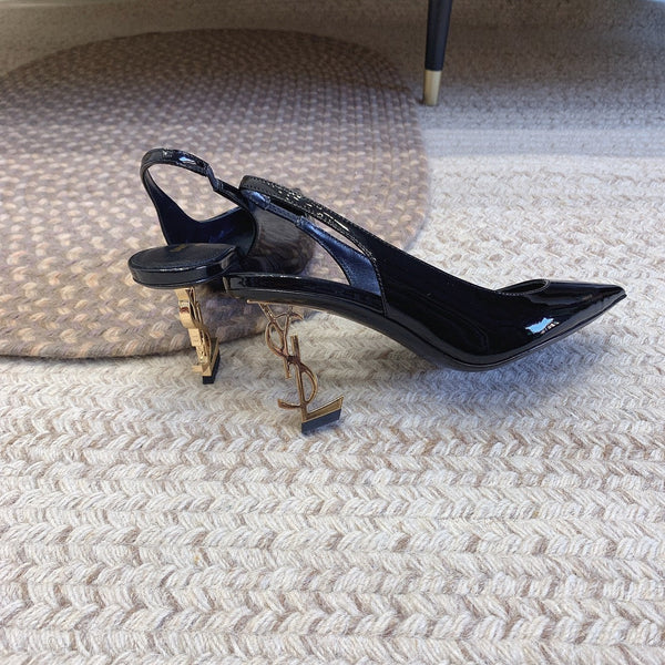 OPYUM GOLD HEEL SLINGBACK PUMPS IN BLACK GLOSSY CALFSKIN