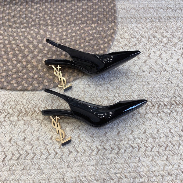 OPYUM GOLD HEEL SLINGBACK PUMPS IN BLACK GLOSSY CALFSKIN