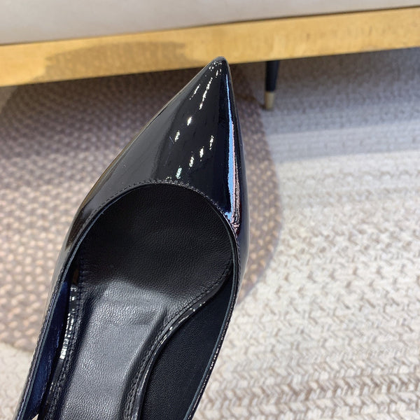 OPYUM GOLD HEEL SLINGBACK PUMPS IN BLACK GLOSSY CALFSKIN