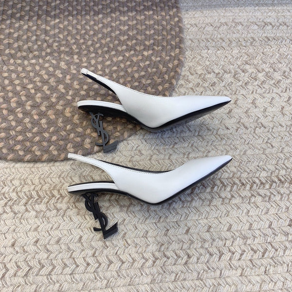 OPYUM BLACK HEEL SLINGBACK PUMPS IN WHITE SMOOTH LAMBSKIN